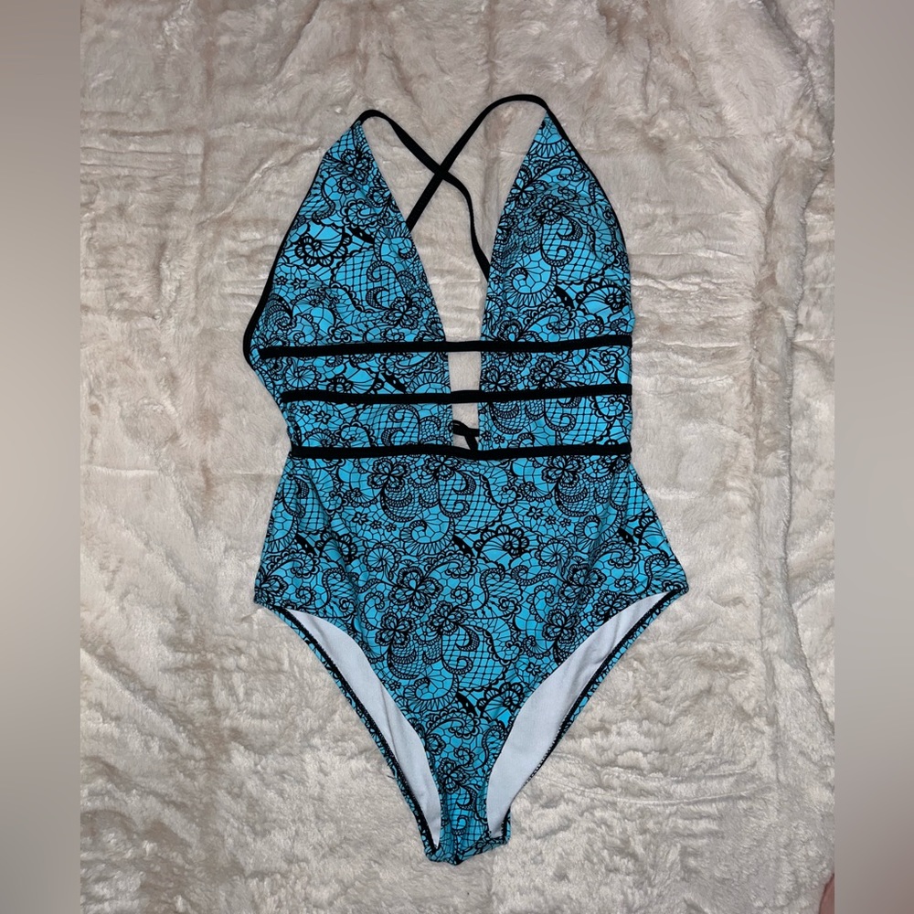 Blue and black one piece swim